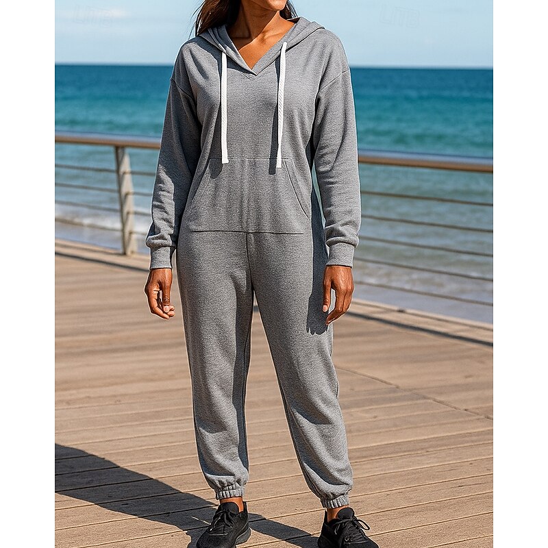 Women's One Piece Sweatsuit Lounge Outfits  Drawstring Solid Colored Clothing Suit Fall Black Coffee Outdoor Travel Sports Moisture Wicking Long Sleeve Sport Activewear Micro-elastic Regular Fit4