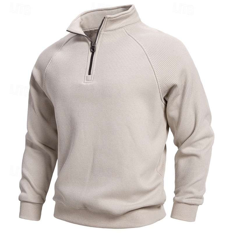 Men's Sweatshirt Fleece Sweatshirt Pullover Quarter Zip Sweatshirt Ribbed Knit Apricot Black Army Green Navy Blue Light Grey Standing Collar Plain Textured Sports & Outdoor Casual Daily Streetwear2