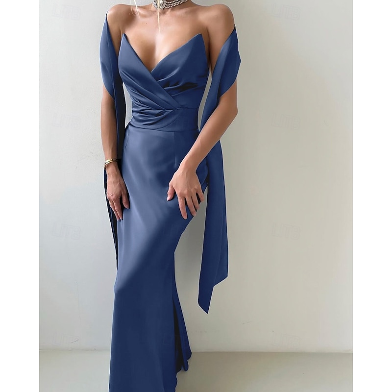 2-in-1 Dress Cape Dress Mermaid / Trumpet Evening Gown Elegant Dress Formal Semi Formal Dress Wedding Floor Length Sleeveless V Neck Satin Backless with Bow(s) Pleats Slit3