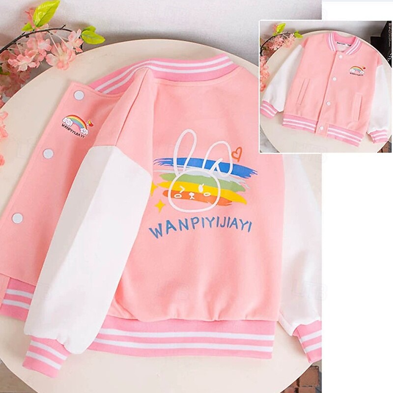 Kids Girls' Baseball Jacket Rainbow Sports Comfort Buttons Soft School Cotton Coat Outerwear 4 years+ Fall Black Pink Blue
