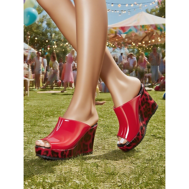 Women's Red Patent Leather Wedge Sandals - Peep Toe Leopard Print Platform Party Shoes for Nightlife and Clubwear