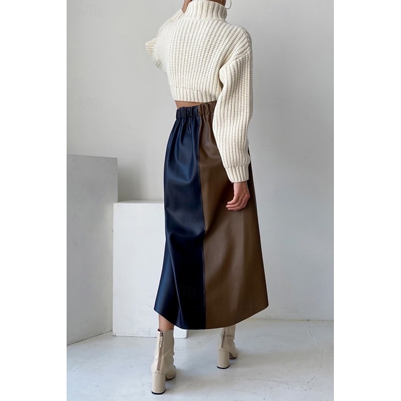Women's Skirt A Line Fashion Casual Midi High Waist Skirts Color Block Patchwork Inelastic Street Daily Beige Spring Polyester Faux Leather4
