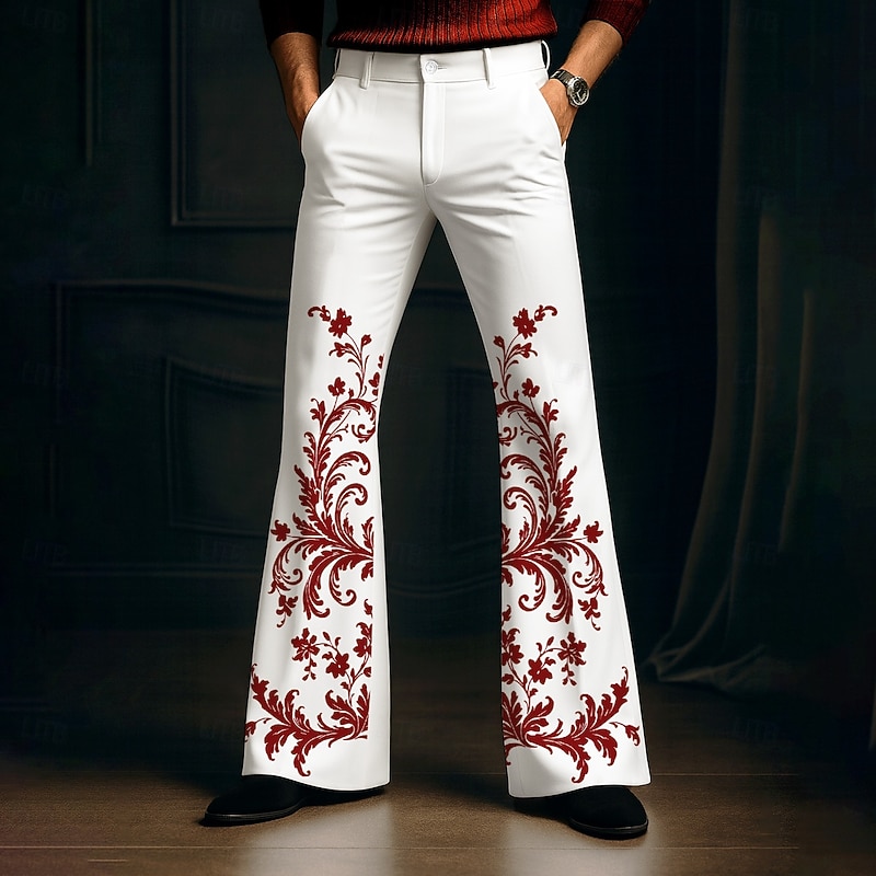 Men's Floral Print Flowers Disco Pants 60s 70s Bell Bottoms Mid Waist Western Vintage Retro Outdoor Party Casual Side Pockets Flared Leg Pants Trousers Spring Fall 3D Print Black And White Red