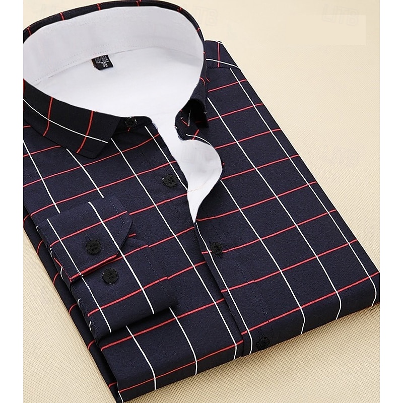 Men's Dress Shirt Plaid / Striped / Chevron / Round Wedding Weekend White Navy Blue Blue Light Blue Long Sleeve Square Neck Spring &  Fall Clothing Apparel3