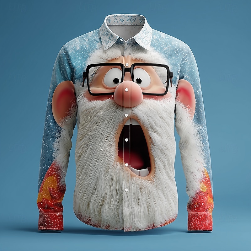 Christmas Men's Santa Claus 3D Cartoon Smile Face Shirt Button Up Shirt Long Sleeve Funny Outdoor Holiday Spring Fall Turndown 3D Print Collared Shirts Blue 1# Blue