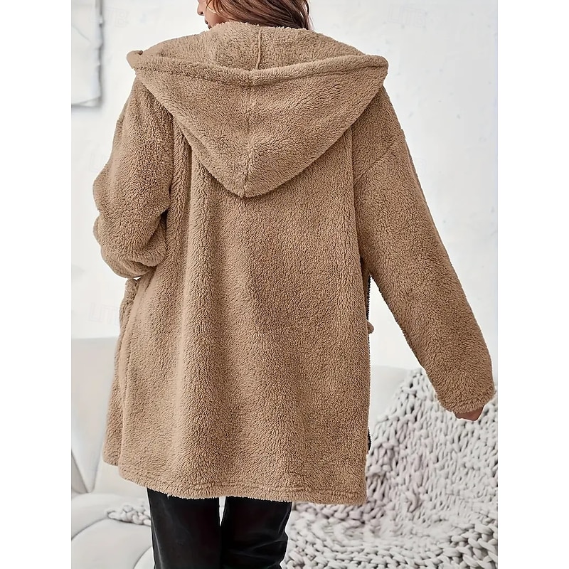 Women's Sherpa Jacket Comfortable Breathable Zipper Pocket Elegant Casual Plain Vacation Street Casual Daily Wear Zipper Regular Long V Neck Regular Fit Long Sleeve Outerwear Khaki Spring Fall2
