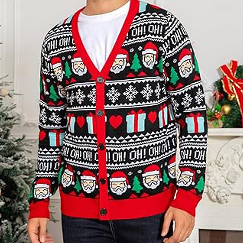 Ugly Christmas Sweater Men's Santa Claus Christmas Pattern Cardigan Sweater Knitwear V Neck Casual School Vacation Daily 3D Print Keep Warm Long Sleeve Spring Fall Winter Red