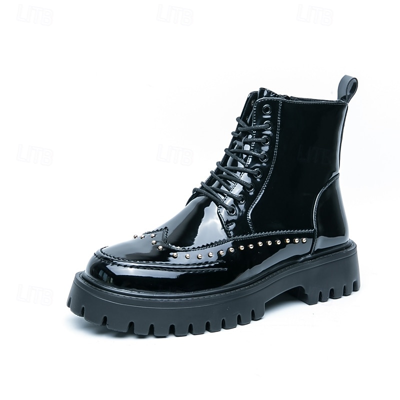 Men's High - Top Patent PU Leather Punk Boots | Studded Detailing & Chunky Sole for Urban Style