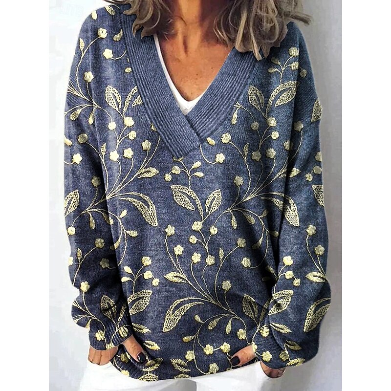 Women's Cardigan Daily Floral Graphic Geometric Ribbed V Neck Buttons Print Long Sleeve Regular Tops Knit Outdoor Weekend Navy Blue Royal Blue Spring Fall2