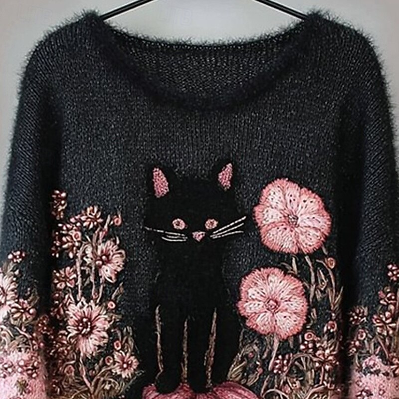 Women's Sweater Pullover Daily Casual Floral Animal Ribbed Crew Neck Knitted Print Long Sleeve Regular Tops Knit Outdoor Weekend Pink Fall Winter3