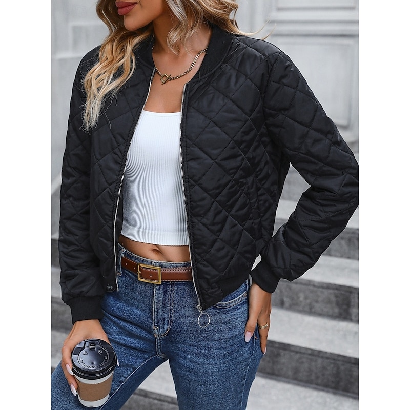 Women's Bomber Jacket Casual Jacket Comfortable Breathable Zipper Pocket Casual Plain Vacation Street Casual Daily Wear Zipper Short Stand Collar Regular Fit Long Sleeve Outerwear Navy Black Pink3