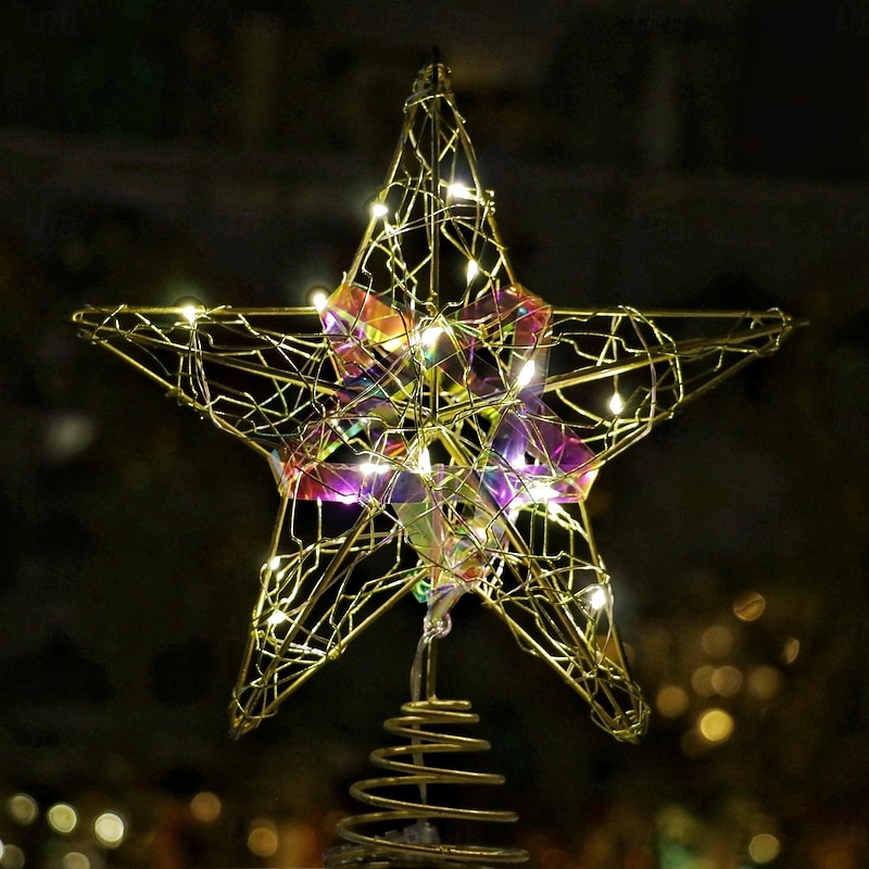 Christmas Tree Topper Star Led Light Xmas, Colorful Iron Five-Pointed Star Hanging Ornament, Festive Holiday Tree Decoration, Xmas Home Tabletop Decor Gift4
