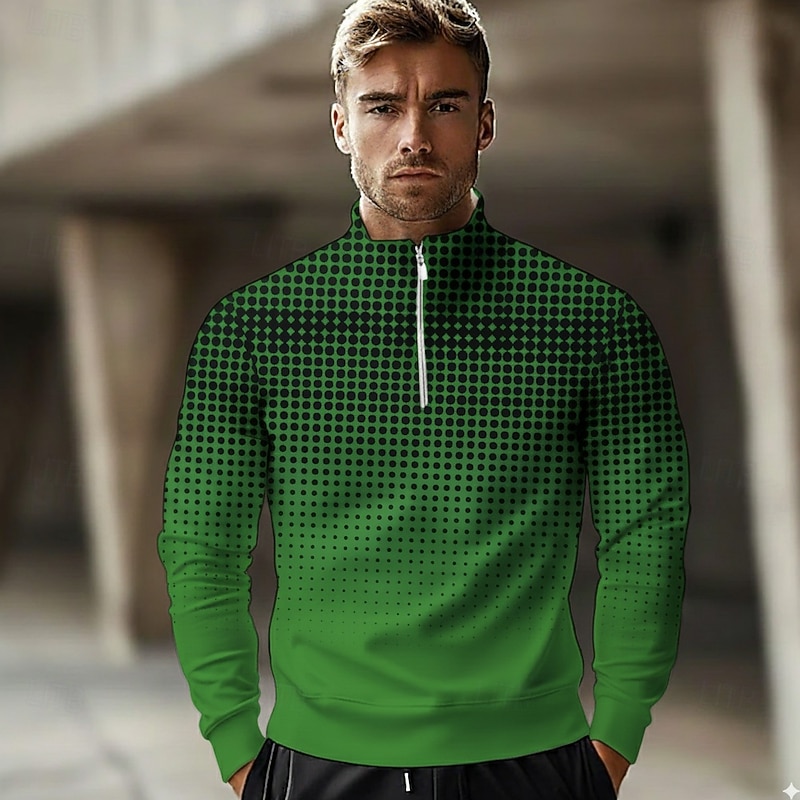 Men's Geometic Polo Long Sleeve Standing Collar Athleisure Vacation Athleisure Casual Daily 3D Print Spring Fall Winter Black Blue Green3