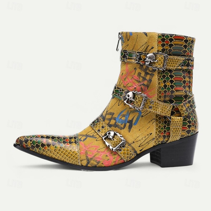 Men's Bold Snake Print Leather Boots – Yellow Multicolor Genuine Cowhide with Triple Buckle Straps, Pointed Toe for Stage Shows, Festivals and Party Outfits3