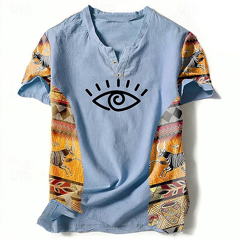Men's Graphic Color Block Tribal T Shirt Henley Shirt Short Sleeve 3D Printing Designer Ethnic Classic Outdoor Vacation Daily Spring & Summer Blue Green Khaki Gray V Neck Henley T-Shirt2