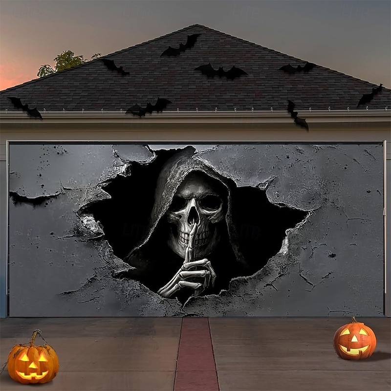 Halloween Garage Door Cover Scary Scarecrow Castle Banner Haunted House Horror Scene Spooky Backdrop Tapestry for Outdoor Wall Fence Yard Halloween Party Decoration