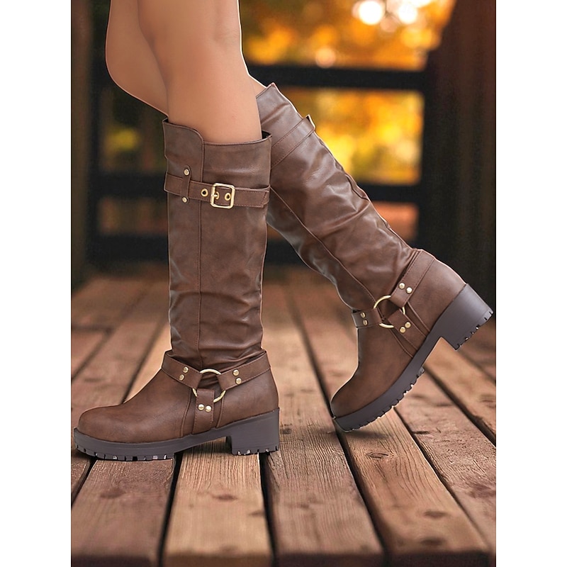 Women's Brown Knee High Buckle Strap Boots – Faux Leather Western Riding Boots with Low Block Heels for Fall Fashion and Outdoor Wear
