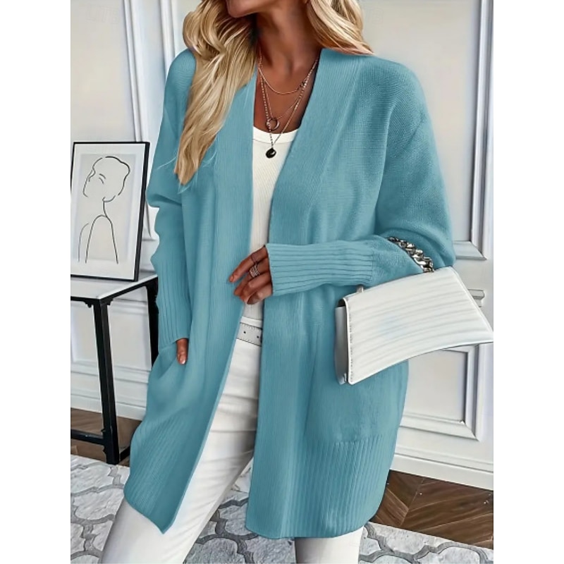 Women's Sweater Cardigan Elegant Fashion Streetwear Pure Color Open Front Pocket Knitted Long Sleeve Regular Tops Knit Outdoor Daily Weekend Black White Fall Winter