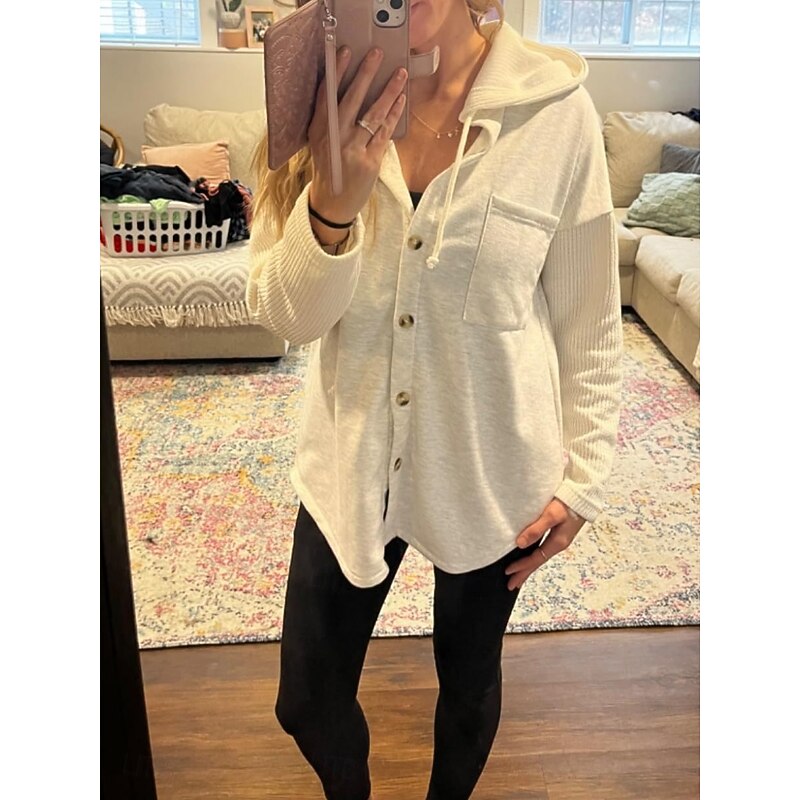 Women's Casual Jacket Hoodie Jacket Comfortable Breathable Pocket Buttons Casual Plain Vacation Street Casual Daily Wear Single Breasted Long Hooded Loose Fit Long Sleeve Outerwear Black White Pink3