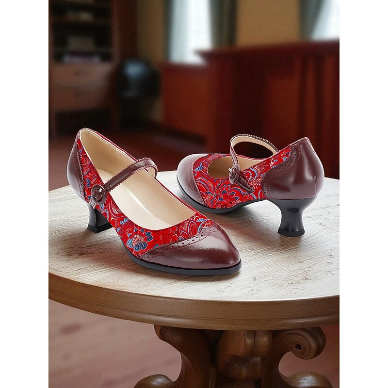 Women's 1950s Vintage Red Jacquard Mary Jane Heels - Retro Mid Heel Dress Shoes with Floral Brocade Pattern and Button Strap for Gatsby Parties, Formal Events and Daily Styling2