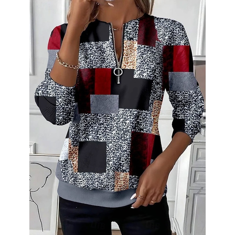 Women's Pullover Sweatshirt Zip Up Sweatshirts Graphic Geometric Color Block Fashion Casual Long Sleeve Crew Neck Regular Tops Street Dailywear Patchwork Zipper Print Black Purple Orange Gray Fall2
