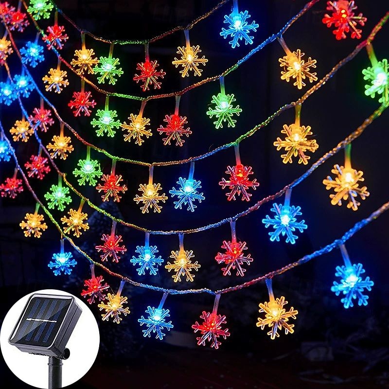 Solar Snowflake String Lights 100/200LEDs Outdoor Waterproof Garland Lights Christmas Garden Fairy Lights New Year Wedding Party Holidays 8 Modes Lighting Camping Decorative Tree Lights