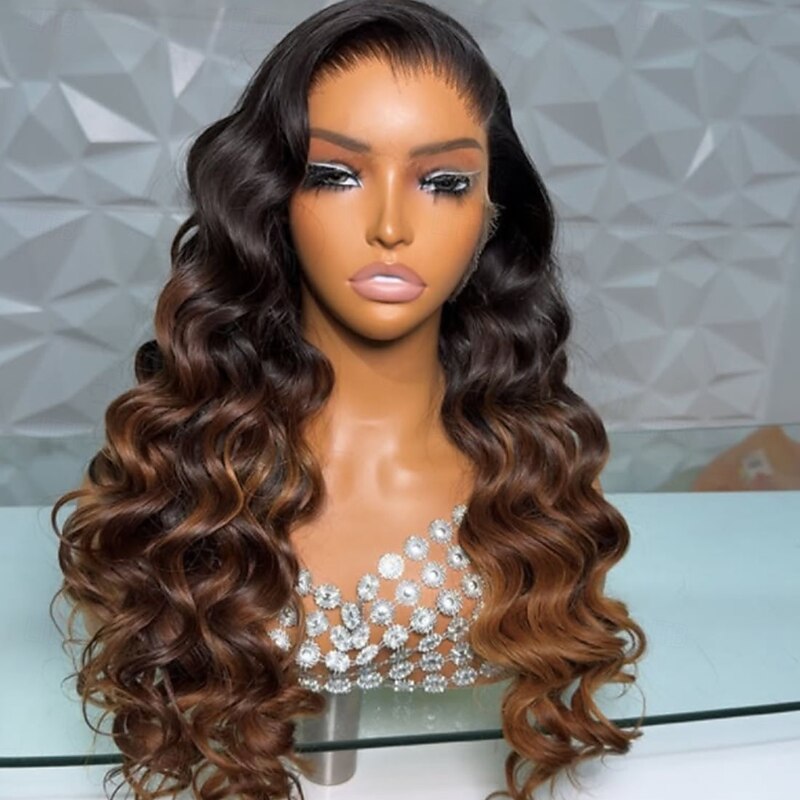 Human Hair 5x5 Closure 13x4 Lace Front Wig Side Part Brazilian Hair Loose Wave Brown Wig 150% 180% Density with Baby Hair Ombre Hair Natural Hairline 100% Virgin Pre-Plucked For Women Long Human Hair3