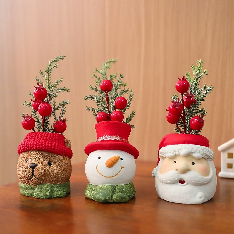 Resin Christmas Ornament, Santa Claus, Snowman & Bear Figurine with Red Hat, Festive Tabletop Christmas Tree with Red Berries &Green Foliage, Indoor/Outdoor Holiday Decor for Tabletop, Mantel, Garden