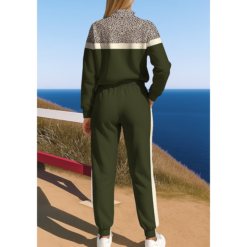 Women's Sweatshirt Tracksuit Sweatsuit Drawstring Zipper Leopard Jacket and Sweatpants Athletic Clothing Set Spring Dark Green Casual Workout Outdoor Soft Baggy Long Sleeve Sport Activewear2