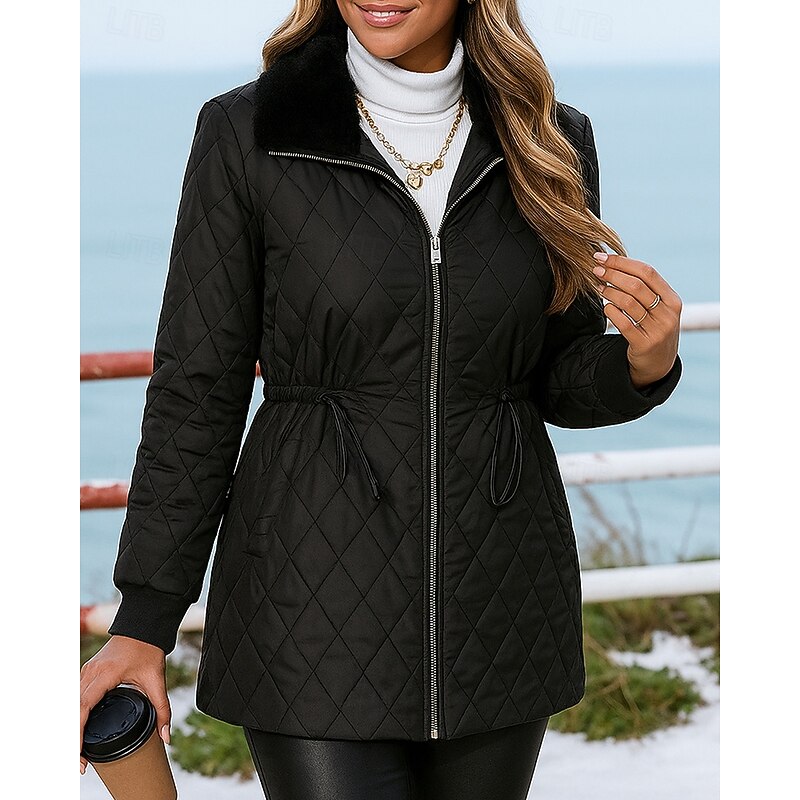 Women's Long Winter Coat Fleece Zip Up Jacket Drawstring with Pockets Long Sleeve Top Athleisure Solid Colored Windproof Warm Hiking Travel Vacation Sportswear Activewear Black Blue Coffee