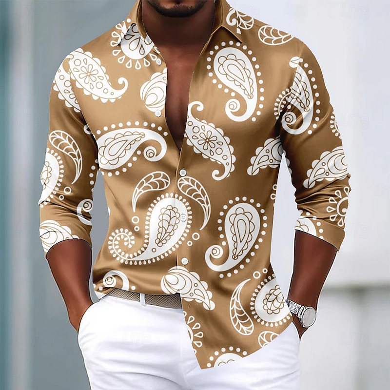 Men's Paisley Floral Print Ethnic Shirt Satin Shirt Dress Shirt Long Sleeve Vintage Retro Vacation Dailywear Summer Spring Fall Turndown 3D Print Button Up Shirts Black Blue Purple Khaki4