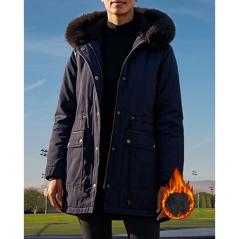 Women's Hooded Fleece Jacket Winter Coat Pocket with Fur Hood Long Sleeve Top Athleisure Fall Solid Colored Cotton Windproof Thick Warm Outdoor Travel Vacation Sportswear Activewear Black Pink Green