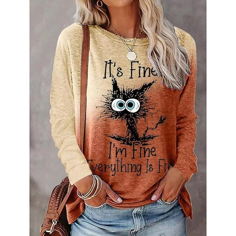 Women's T Shirt Graphic Letter Vintage Stylish Classic Long Sleeve Crew Neck Regular Tops Daily Print Pink Purple Green Khaki Gray Spring Fall Winter