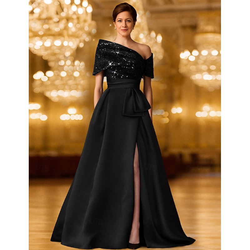 A-Line Evening Gown Elegant Formal Dress Formal Wedding Floor Length Long Sleeve One Shoulder Pocket Stretch Satin with Glitter 20252