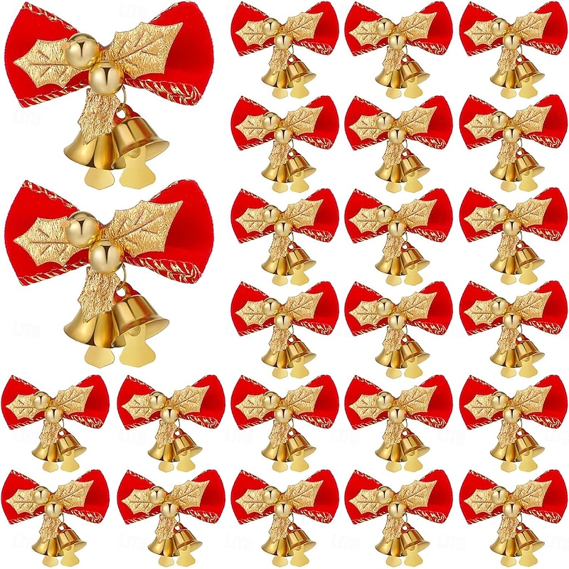 24 Pieces Christmas Bows with Bells Mini Xmas Bowknot Bell Ornaments Red Gold Holiday Decorative Bows Crafts for Christmas Tree Presents Wrapping Wreath Hanging Decor(Delicate Style)