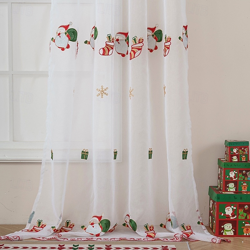 New American Style Christmas Curtain, Santa Embroidered Sheer Drapes, Blackout Rectangular Window Treatment, Finished Fabric Home Decoration3