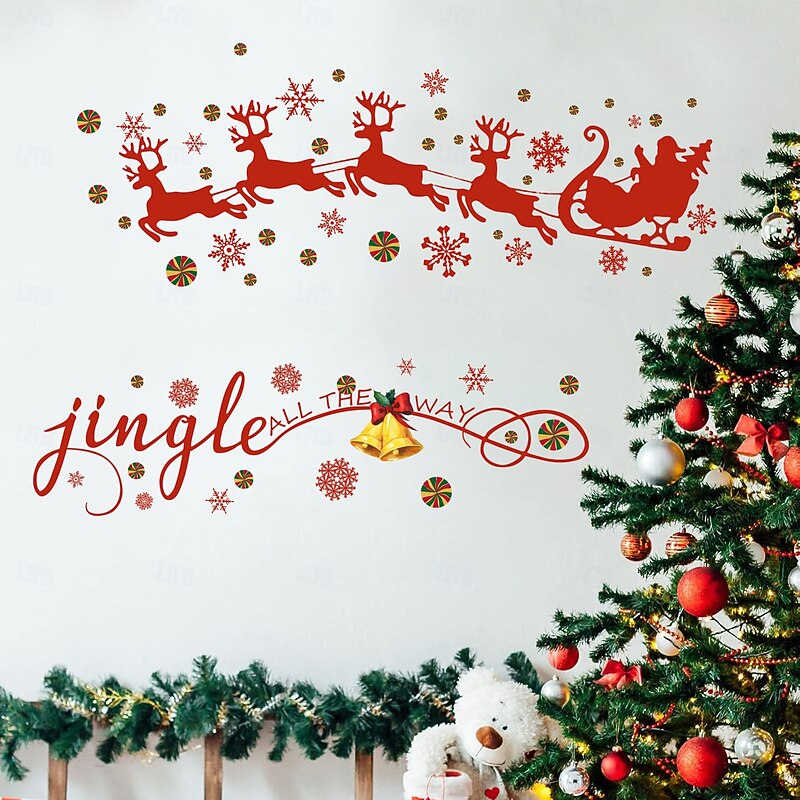Christmas Sticker Wall Decals Creative Santa Claus Reindeer Colorful Ball Snowflake Removable Vinyl Mural Holiday Party Bedroom Living Room Study Background Wall Decoration For Home