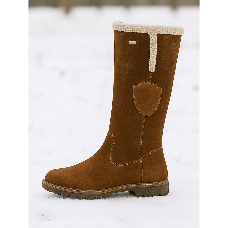 Women's Suede Knee-High Boots with Fleece Lining - Brown Winter Casual Boots for Outdoor Activities4