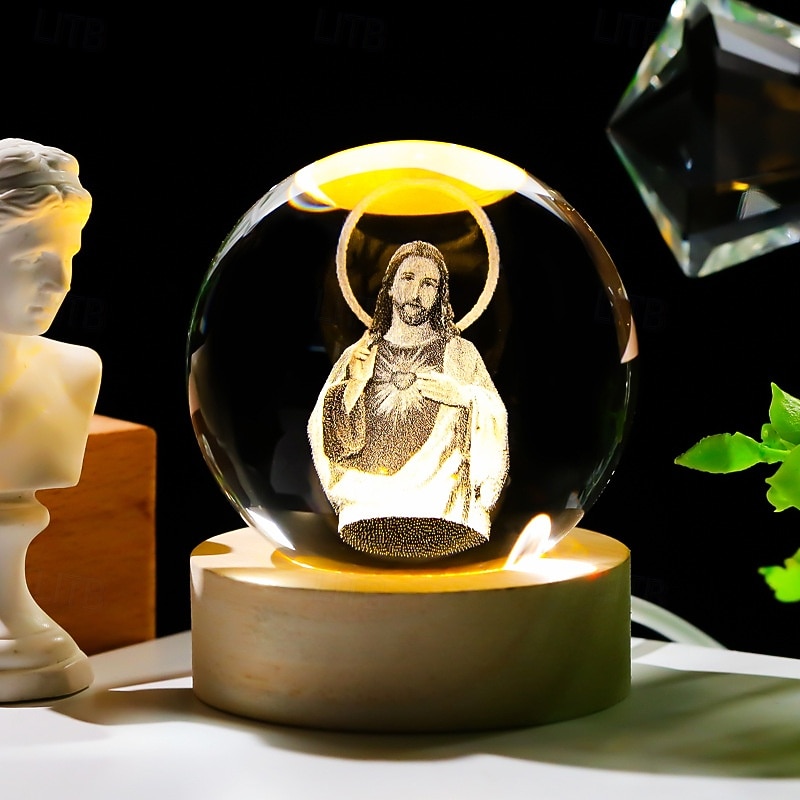 3D Crystal Virgin Mary Statue Figurine with Wooden Base, Laser Etched Crystal Our Lady of Guadalupe Glass Sphere Statue, 3D Crystal Ball Mother Mary Christian Catholic Religious Easter Gifts
