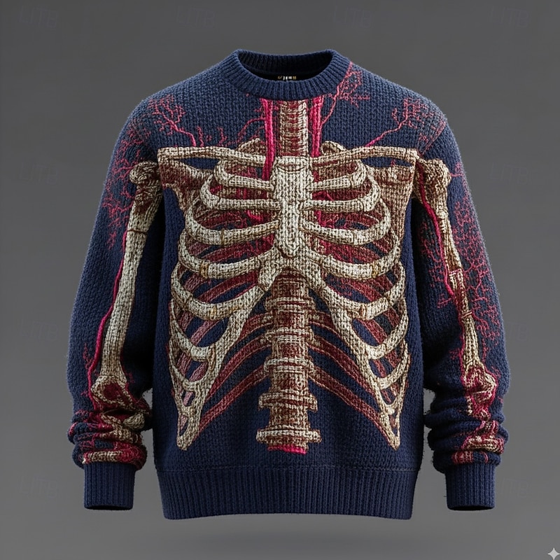 Halloween Men's Skeleton Pullover Sweater Jumper Knitwear Crewneck Casual Dark Vacation Street Daily 3D Print Keep Warm Long Sleeve Fall Winter Black Blue Green