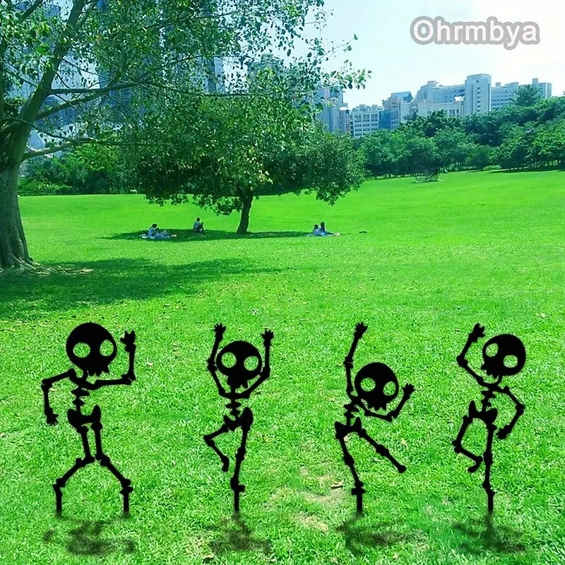 Spooky Dancing Skeleton Garden Stakes - 4pcs Weatherproof Metal Yard Art for Halloween Decor Easy Install Outdoor Lawn Ornaments