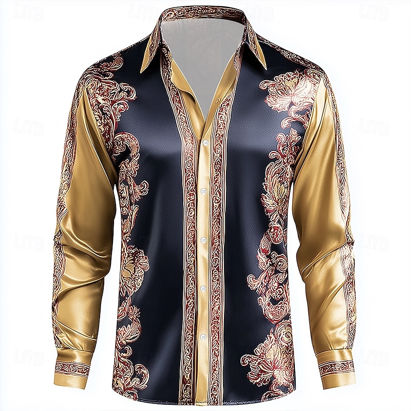 Men's Floral Print Rose Flowers Shirt Satin Shirt Dress Shirt Long Sleeve Vintage Retro Vacation Dailywear Summer Spring Fall Turndown 3D Print Button Up Shirts Gold Dark Blue