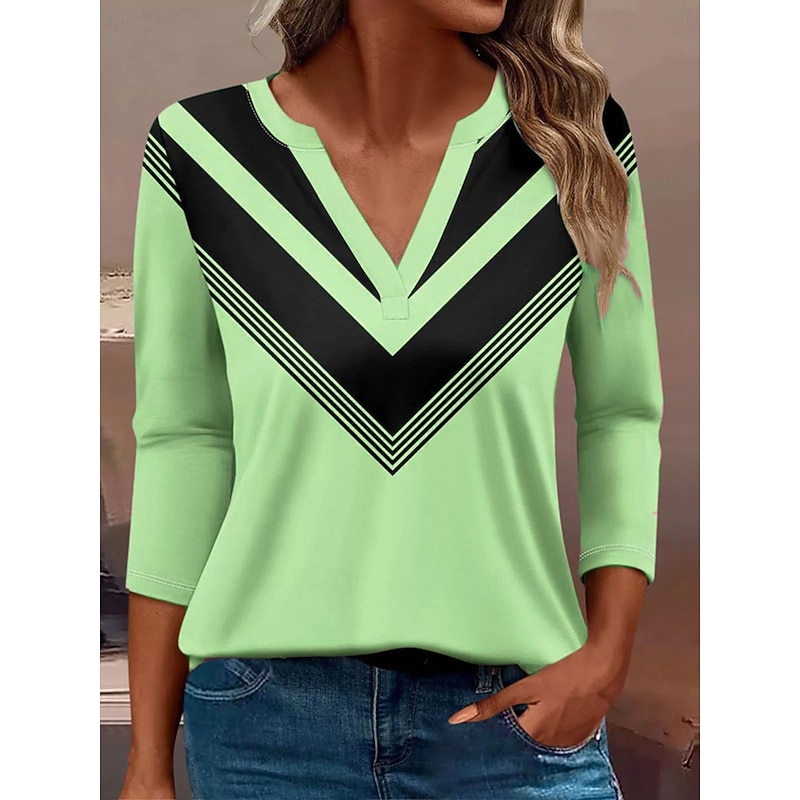 Women's T Shirt Graphic Geometric Vintage Stylish Classic Long Sleeve V Neck Notched Neck Regular Tops Daily Print Pink Blue Purple Green Spring Fall Winter4