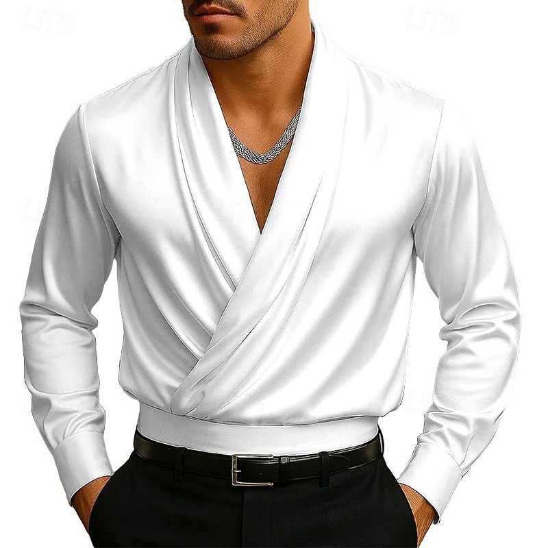 Men's Shirt Silk Like Satin Shirt Dress Shirt Casual Shirt Prom Shirt Plain Formal Wedding Black White Long Sleeve Shawl Collar All Seasons Clothing Apparel2