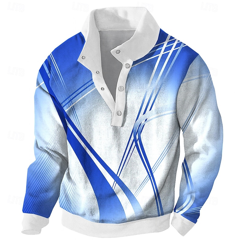 Men's Geometric Sweatshirt Fashion Daily High Neck Vacation Going out Blue Purple Buttons Fall Winter Designer