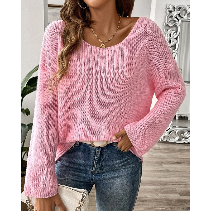 Women's Sweater Pullover Streetwear Casual Solid Color Crew Neck Knitted Flared sleeves Long Sleeve Regular Tops Knit Daily Holiday Going out Black White Fall Winter4