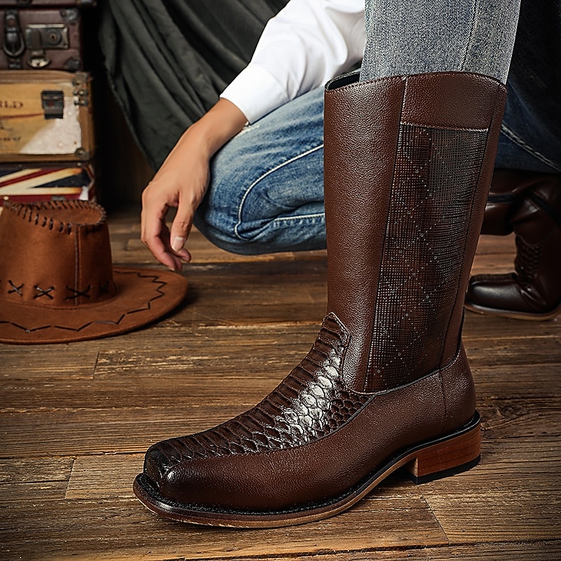 Men's Dark Brown Crocodile Textured Boots – Sophisticated and Fashionable, Perfect for Formal Business and Special Occasions2