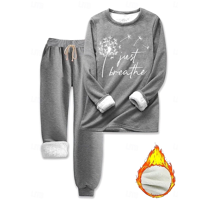 Women's Elegant Warm Fashion Two Piece Sets Tracksuit Pants Sets Long Sleeve Bishop Sleeve Crew Neck Round Neck Graphic Letter Print Outdoor Vacation Casual Dark Pink Blue Gray Spring Regular Fit3