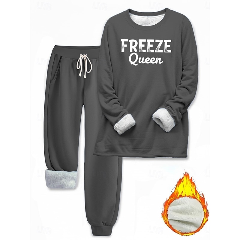 Women's Elegant Warm Fashion Two Piece Sets Tracksuit Pants Sets Long Sleeve Bishop Sleeve Crew Neck Letter Print Outdoor Vacation Daily Black Pink Dark Pink Spring Regular Fit4