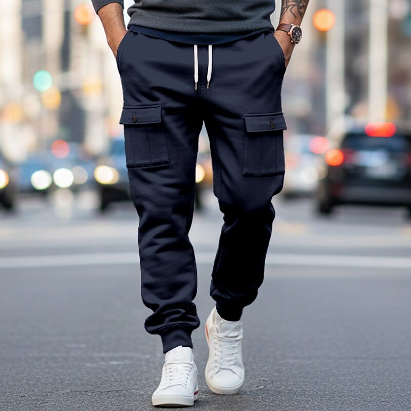 Men's Cargo Pants Sweatpants Fleece Pants Joggers Trousers Drawstring Front Pocket Plain Moisture Wicking Breathable Full Length Sports Outdoor Daily Going out Fashion Streetwear Black White - Main Image